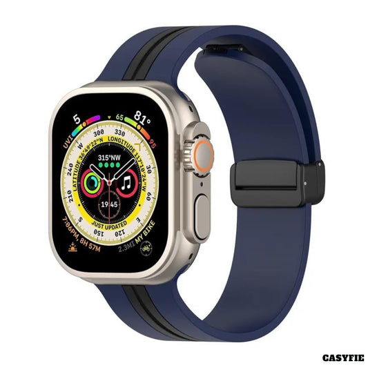 Casyfie Strip Pattern Black Blue Magnetic Silicone Apple Watch Band Compatible With 42/44/45/49MM