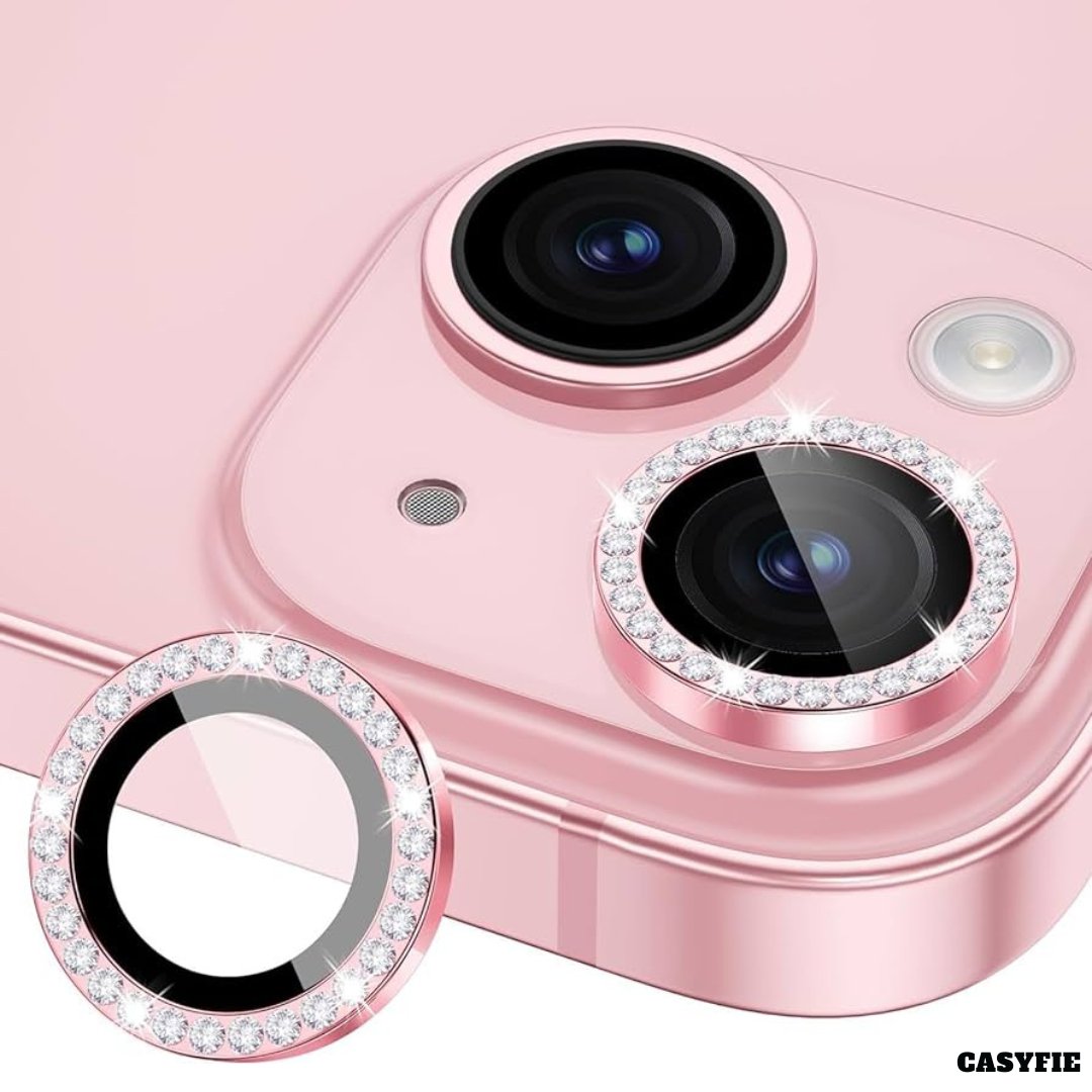 Casyfie Camera Diamond Rings/Lens Protector Pink For iPhone 15/15 Plus